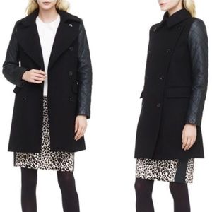 Club Monaco Carolina Italian Wool Pea Coat Lamb Leather sleeves Black size XS